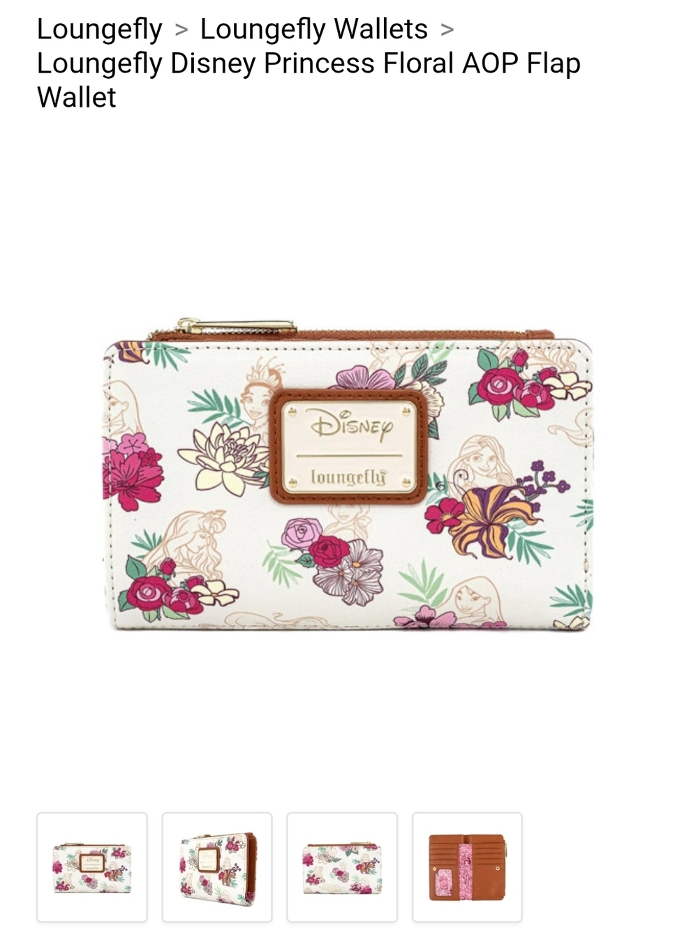 Loungefly White Floral Disney Princess Zip Wallet with Gold Plaque - Picture 2 of 5